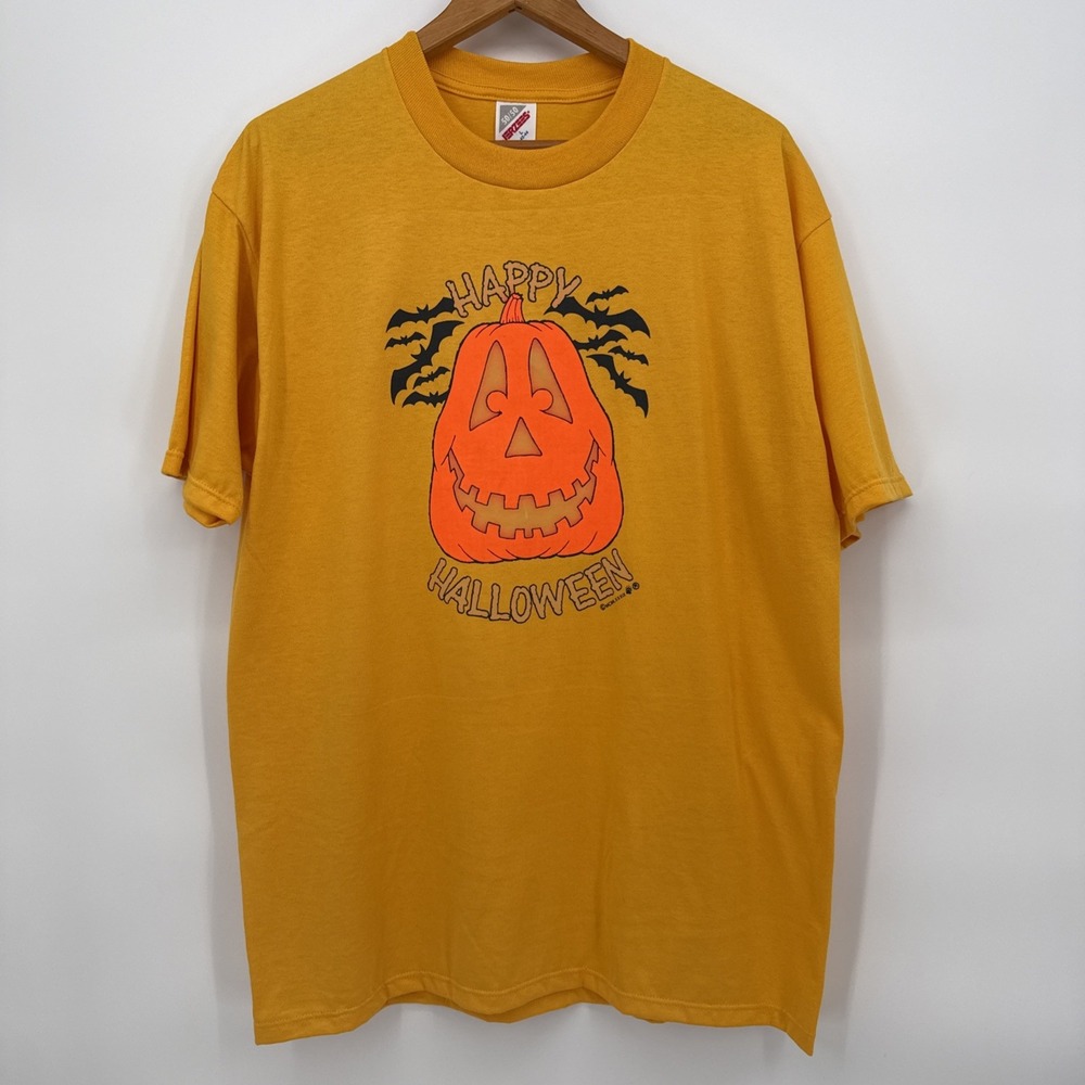 Vintage 1989 Halloween T Shirt L Jerzees Made USA Pumpkin Jack O Lantern 50/50